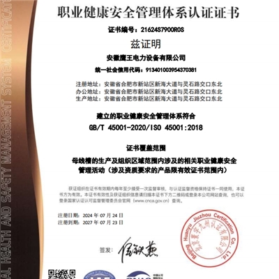 職業(yè)健康安全管理體系認(rèn)證證書（中文）