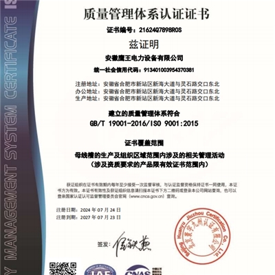 質(zhì)量管理體系認(rèn)證證書（中文）